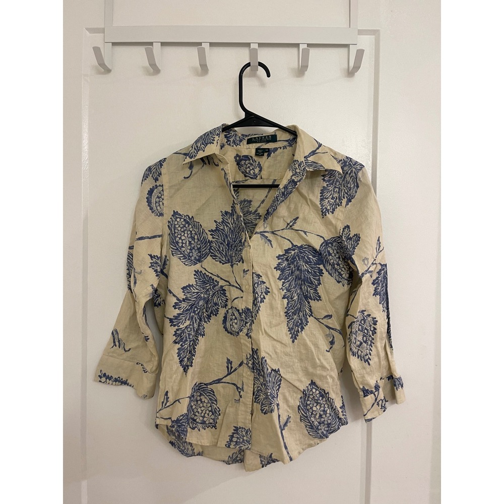 Ralph Lauren Linen‎ Blue Button Up Blouse Breathable Chic Euro